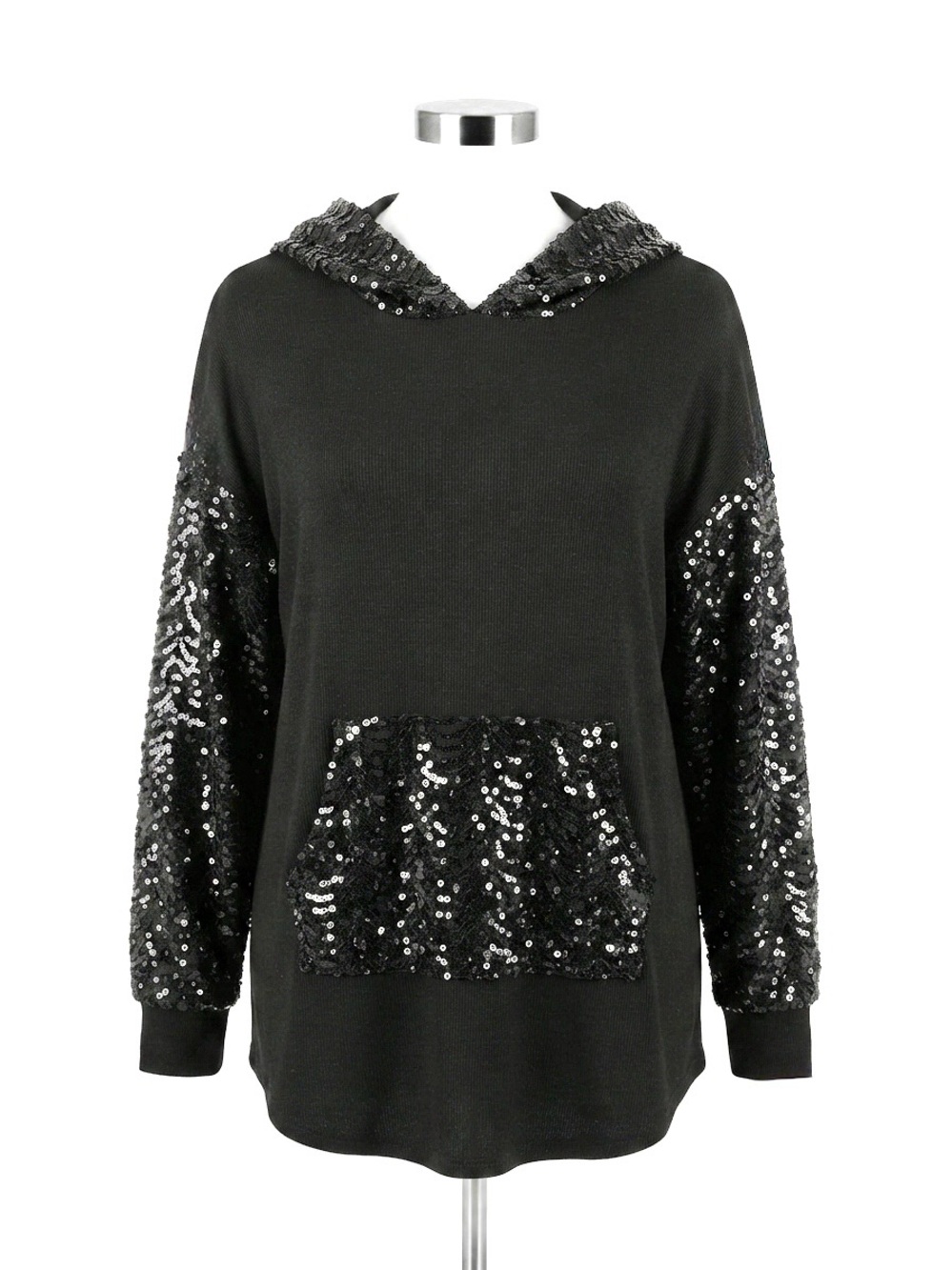 VOCAL Black Sequin Embellished Hoodie - Size 1XL - Made in USA